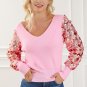 Pink Contrast Sequin Sleeve V Neck Ribbed Knit Sweater