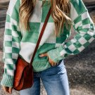 Mint Green Checkered Print Drop Shoulder Sweater