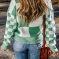 Mint Green Checkered Print Drop Shoulder Sweater