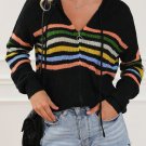 Black Striped Detail Zip Up Hooded Sweater Cardigan