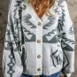 Light Grey Geometric Pattern Ribbed Trim Button-Up Cardigan