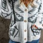 Light Grey Geometric Pattern Ribbed Trim Button-Up Cardigan