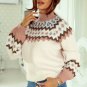 Khaki Geometric Pattern Ribbed Trim High Neck Sweater