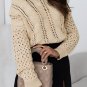 Khaki Eyelets Cable Knit Drop Shoulder Sweater