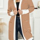 Brown Striped Side Pockets Open Front Cardigan