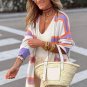 Beige Striped Long Sleeve Ribbed Trim Button Cardigan