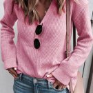 Pink Ribbed Knit V Neck Sweater