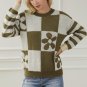 Green Checkered Floral Print Striped Sleeve Sweater
