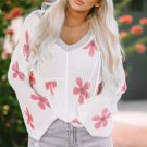 White Floral Print Lightweight Knit Hooded Sweater