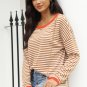 Brown Contrast Trimmed Striped Drop Shoulder Sweater