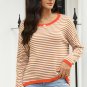 Brown Contrast Trimmed Striped Drop Shoulder Sweater