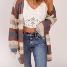 Blue Striped Color Block Hollowed Knit Cardigan