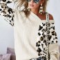 Beige Asymmetric Leopard Patchwork Wide Sleeve V Neck Sweater