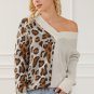 Leopard Color Block V Neck Drop Shoulder Knit Sweater