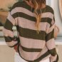 Green Striped Colorblock Knit V Neck Loose Fit Sweater