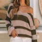 Green Striped Colorblock Knit V Neck Loose Fit Sweater
