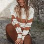White Striped Knit Puff Sleeve Casual Sweater