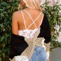 Black Color Block Eyelet Long Sleeve Twisted Back Knit Top