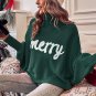 Blackish Green Merry Letter Embroidered High Neck Sweater