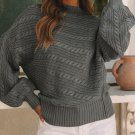Gray Mock Neck Lantern Sleeve Cable Knit Sweater