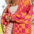 Multicolor Open Front Mixed Checkered Pattern Knit Cardigan