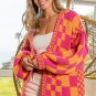 Multicolor Open Front Mixed Checkered Pattern Knit Cardigan
