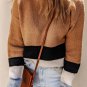 Brown Color Block Striped Ribbed Knit Sweater