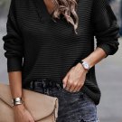 Black V Neck Ribbed Drop Shoulder Hooded Sweater
