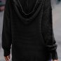 Black V Neck Ribbed Drop Shoulder Hooded Sweater