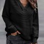 Black V Neck Ribbed Drop Shoulder Hooded Sweater