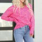 Dark Pink Colorful Spots Knitted V Neck Casual Sweater