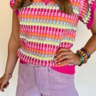 Rose Red Multi Flutter Sleeve Knitted Sweater Top