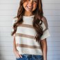 Khaki Stripe Dropped Short Sleeve Lightweight Knitted Top