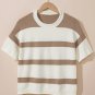 Khaki Stripe Dropped Short Sleeve Lightweight Knitted Top