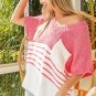 Strawberry Pink Contrast Stripes V Neck Knitted Short Sleeve Top