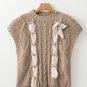 Simply Taupe Cable Knit Colorblock Satin Bowknot Short Sleeve Sweater