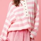 Pink Stripe Half Buttons Drop Shoulder Sweater