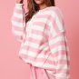 Pink Stripe Half Buttons Drop Shoulder Sweater