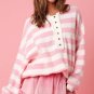 Pink Stripe Half Buttons Drop Shoulder Sweater