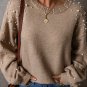 Smoke Gray Pearled Drop Shoulder Round Neck Sweater