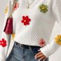 White Colorful Flower Applique Textured Knit Sweater