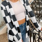 Black Checkered Waffle Knit Thumbhole Open Front Cardigan