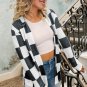 Black Checkered Waffle Knit Thumbhole Open Front Cardigan