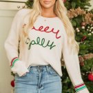 Beige Tinsel Holly Jolly Graphic Classic Sweater