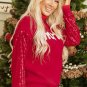 Racing Red Merry Graphic Sequin Sleeve Turtleneck Sweater