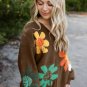 Coffee Big Flower Pattern V Neck Drop Shoulder Sweater
