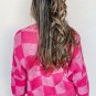 Pink Checkered Drop Shoulder Buttoned V Neck Cardigan
