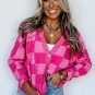 Pink Checkered Drop Shoulder Buttoned V Neck Cardigan