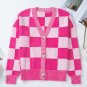 Pink Checkered Drop Shoulder Buttoned V Neck Cardigan