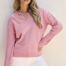 Peach Blossom Flower Detail Knitted Notched Neck Sweater